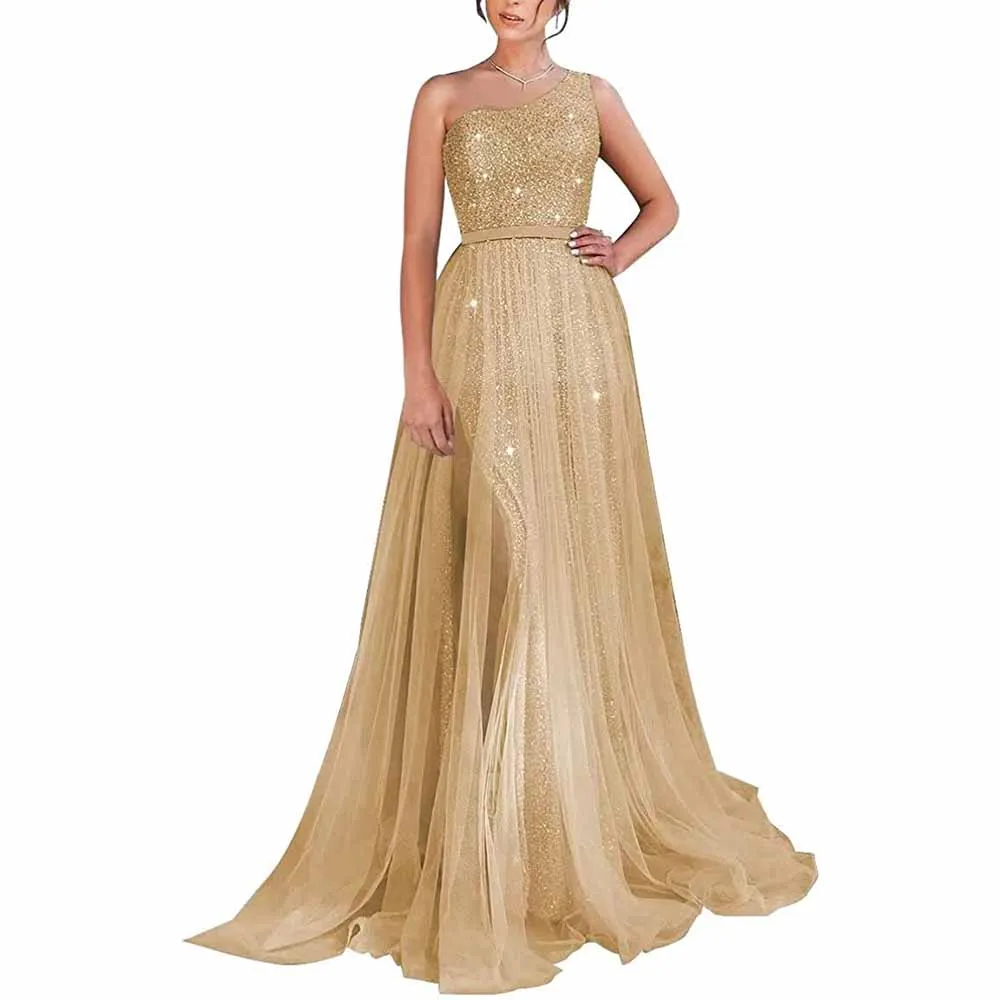 One Shoulder Prom Dress Sequin Formal Dresses Sparkly Evening Gowns Tulle Ball Gown