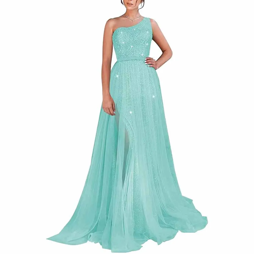 One Shoulder Prom Dress Sequin Formal Dresses Sparkly Evening Gowns Tulle Ball Gown