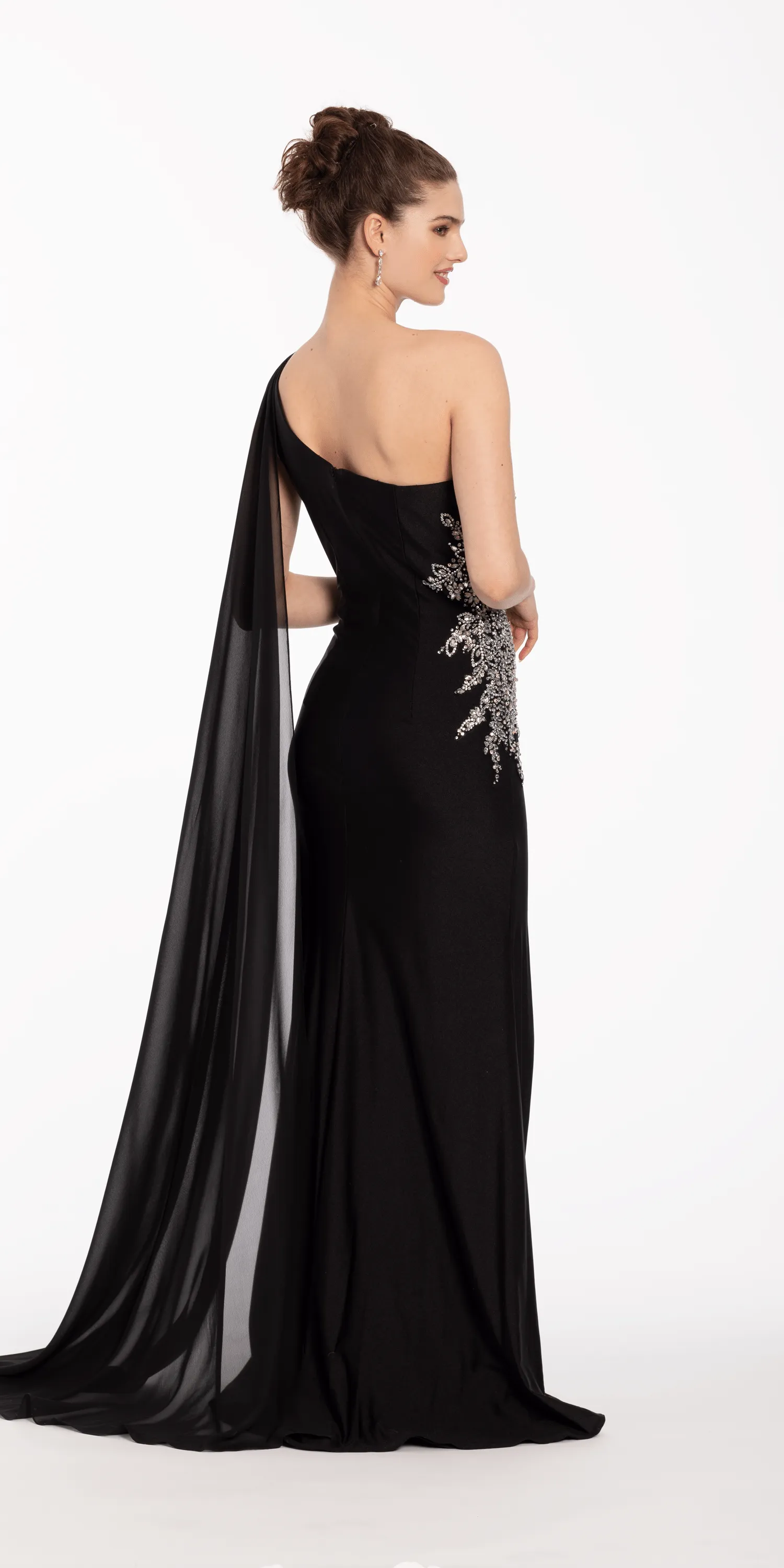 One Shoulder Side Cascade Dress with Rhinestone Detail