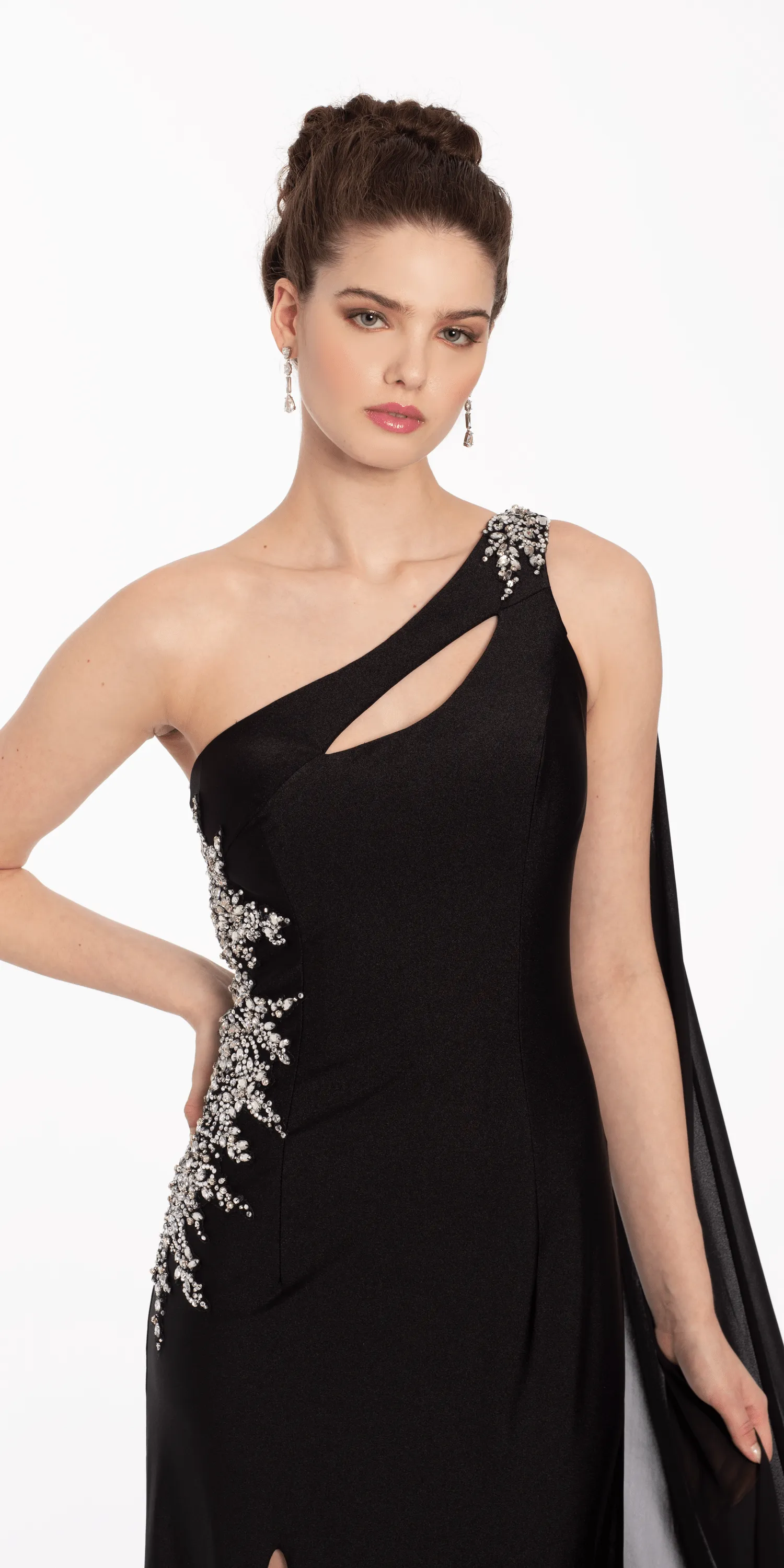 One Shoulder Side Cascade Dress with Rhinestone Detail