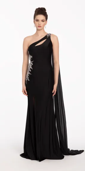 One Shoulder Side Cascade Dress with Rhinestone Detail