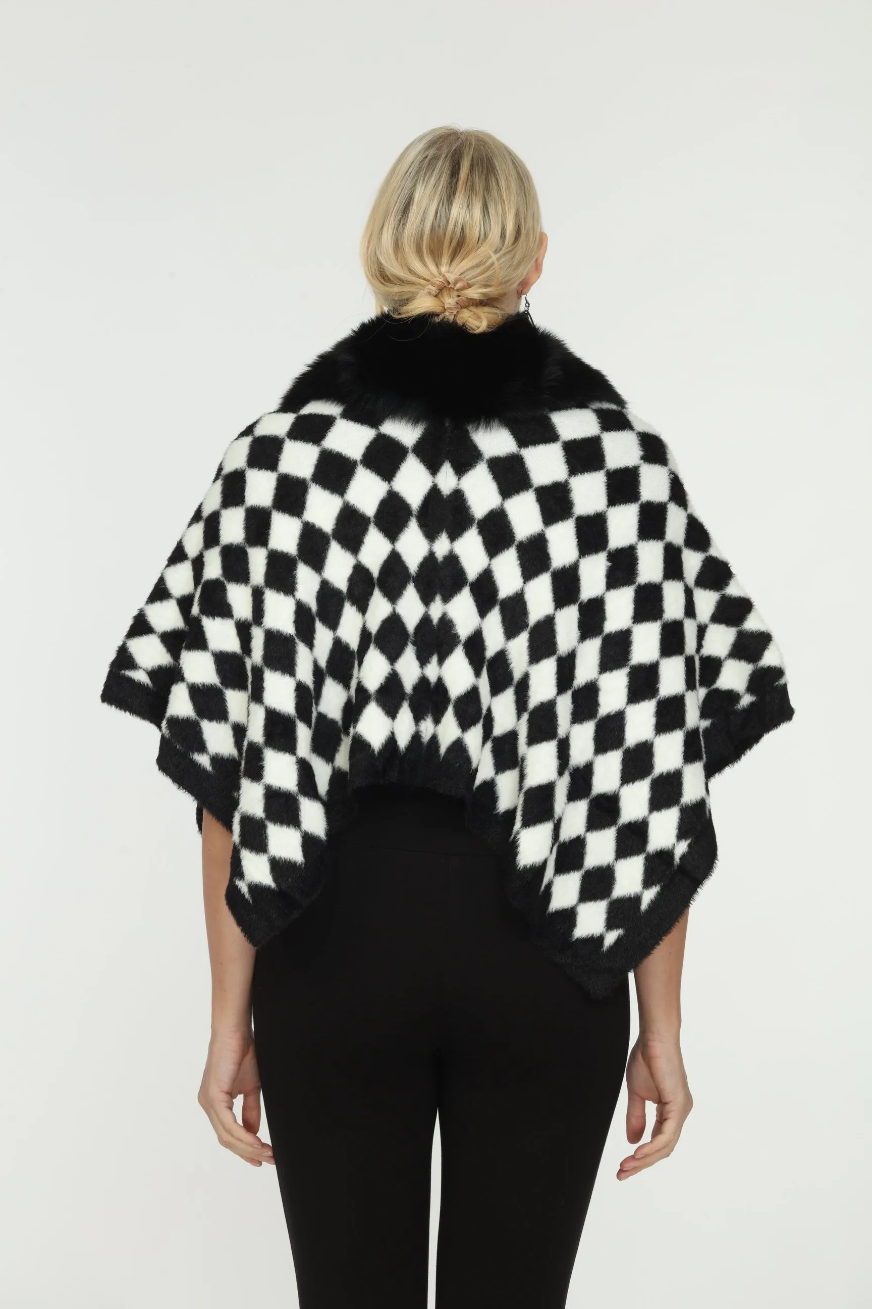 OO LA LA Black/White Check Fur Collar Cape Boho Chic M5167