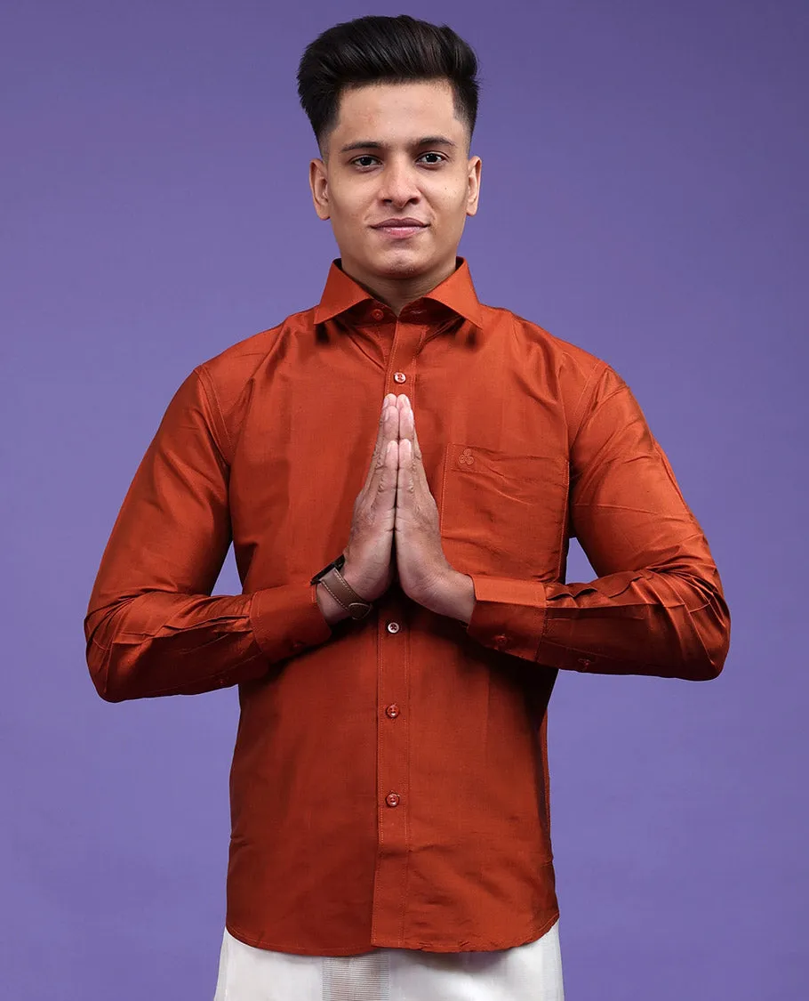 Orange plain design full-sleeve pure-silk shirt