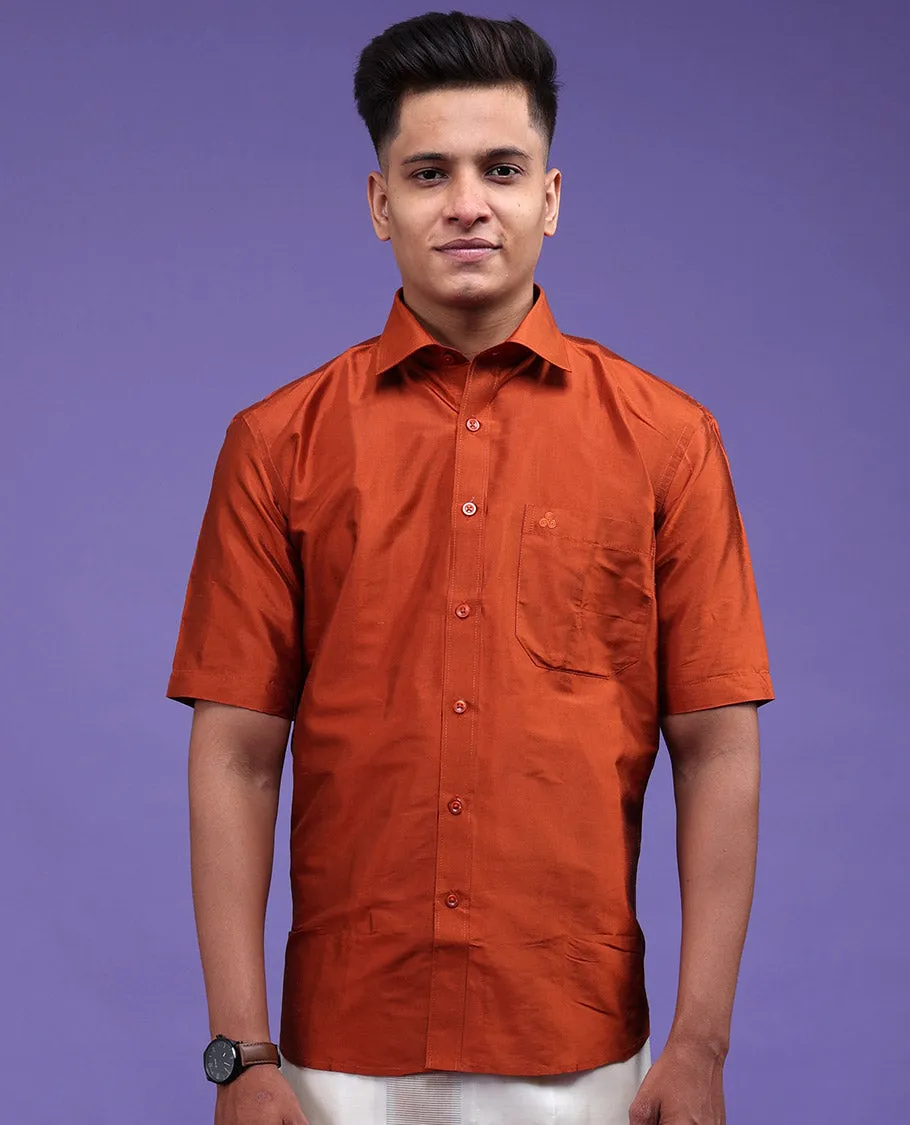 Orange plain design half-sleeve pure-silk shirt