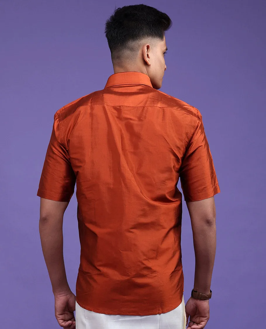 Orange plain design half-sleeve pure-silk shirt