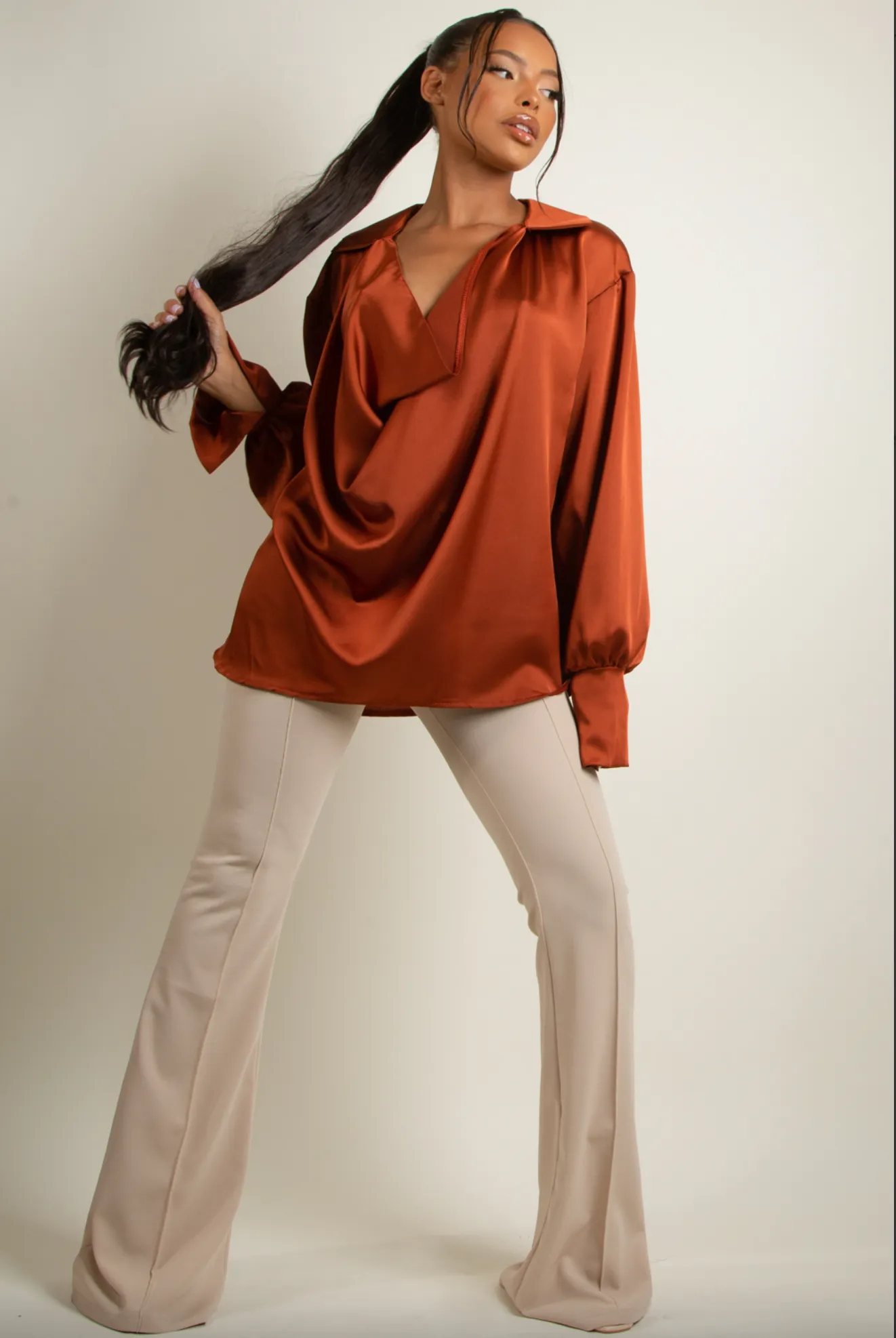 Paige - Rust Satin Cowl Neck Blouse