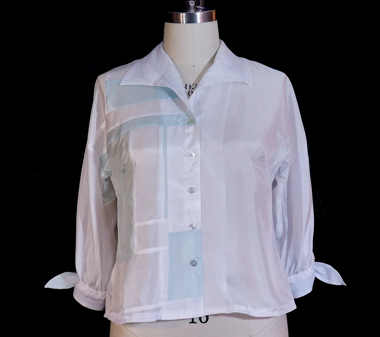 Patchwork Silk Habotai Blouse with Blue Stitching