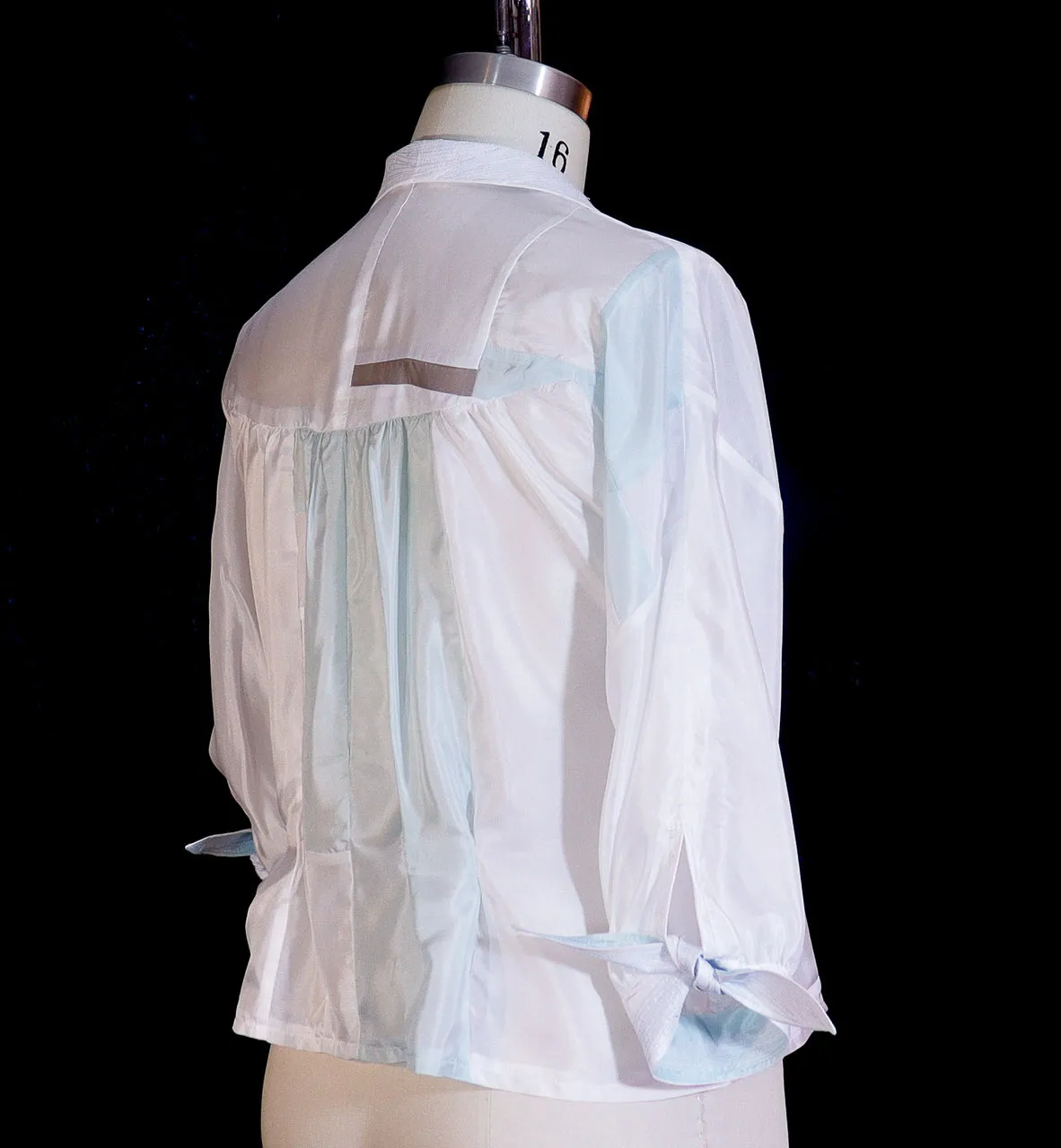 Patchwork Silk Habotai Blouse with Blue Stitching