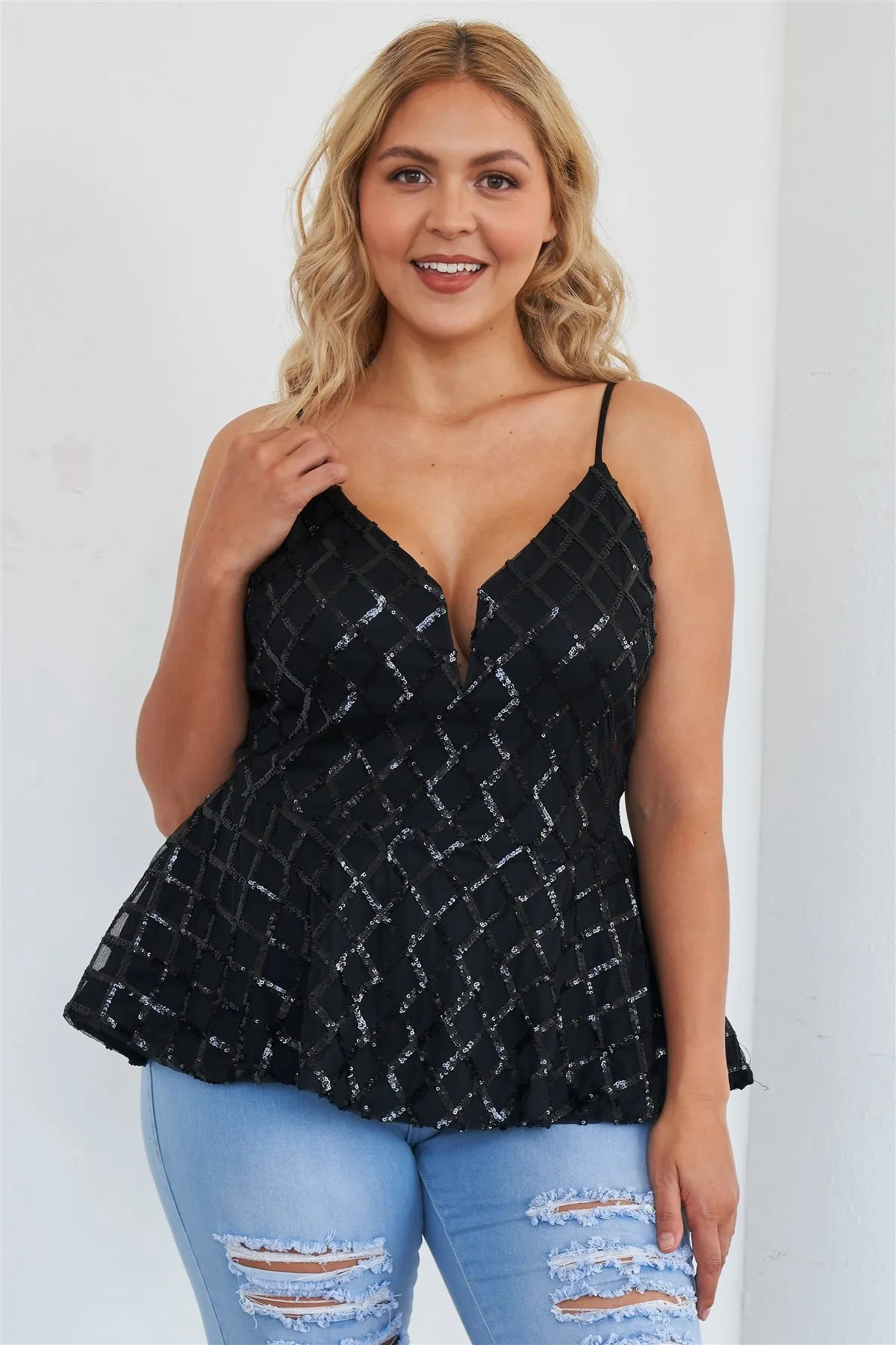 Plus Size Black Sleeveless Sequin V-neck Peplum Top