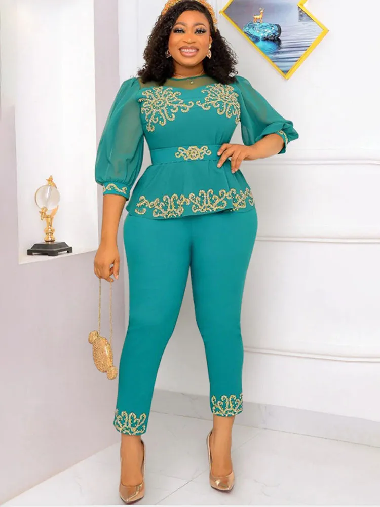 Plus Size Two Piece Mesh Sleeves Tops & Pants