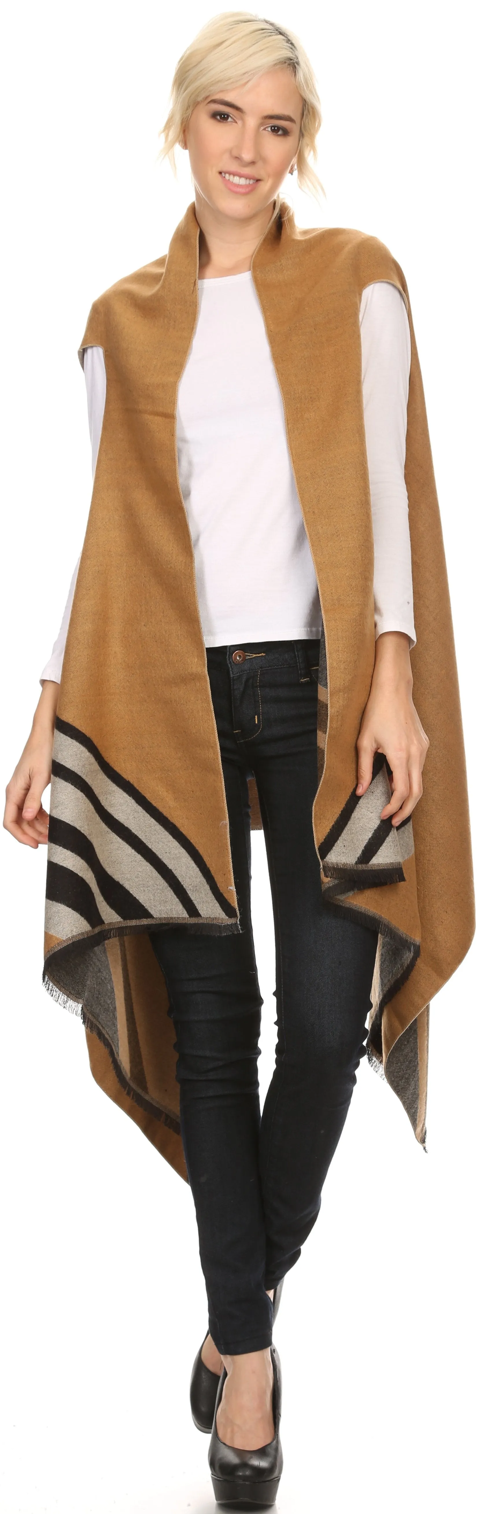 Sakkas Janeek Thick Warm Long Tapered Striped Multi Color Block Poncho Cape Wrap