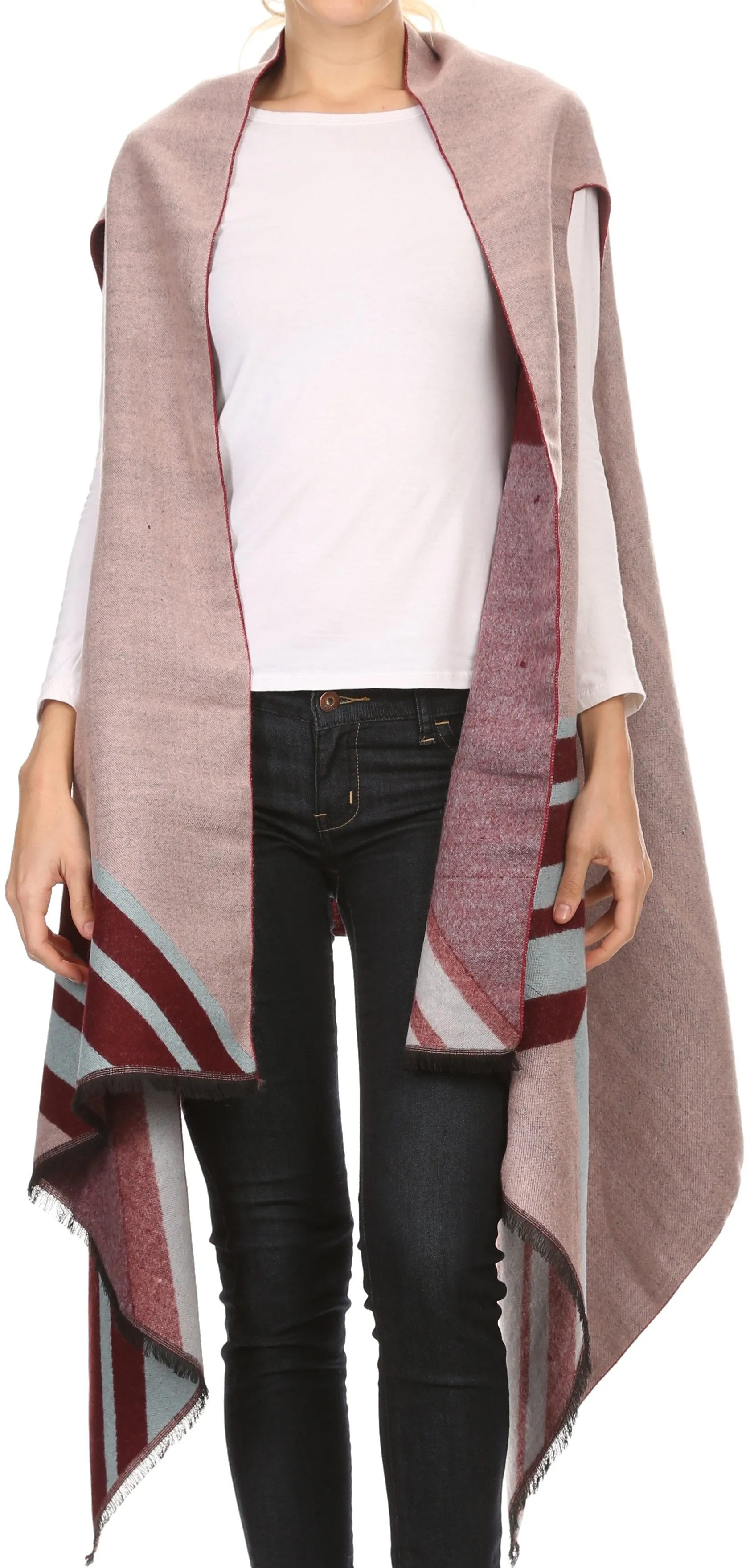 Sakkas Janeek Thick Warm Long Tapered Striped Multi Color Block Poncho Cape Wrap