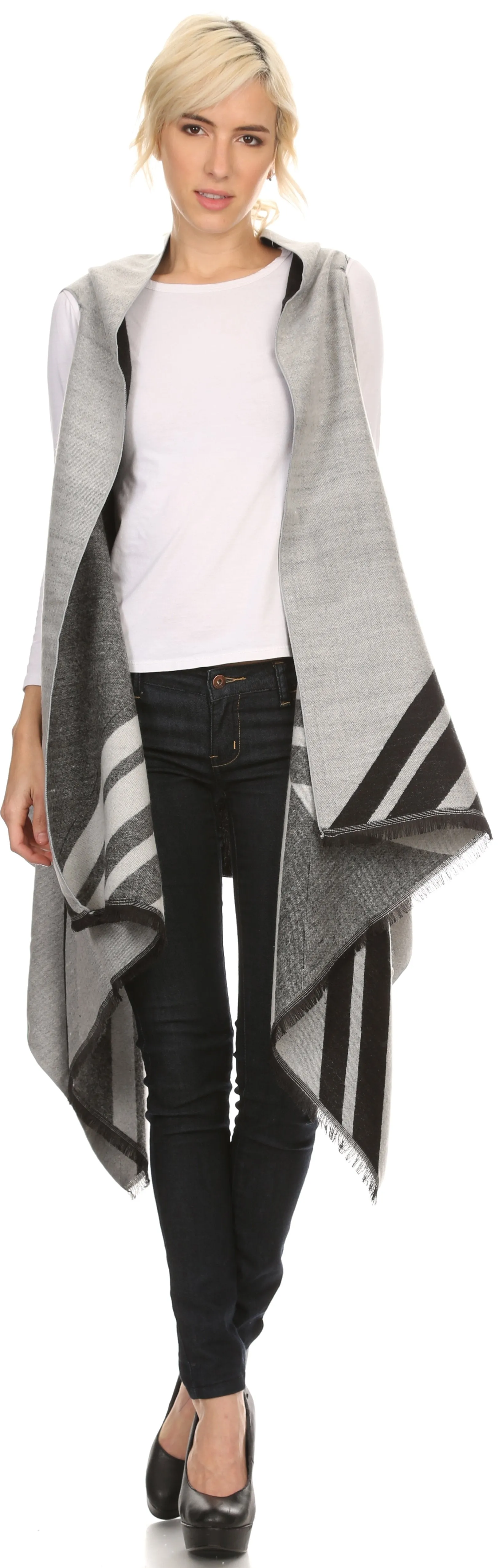 Sakkas Janeek Thick Warm Long Tapered Striped Multi Color Block Poncho Cape Wrap