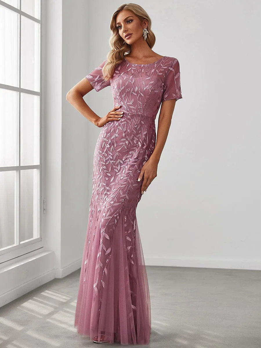 Sequin Leaf Maxi Long Fishtail Tulle Prom Dress With Half Sleeve