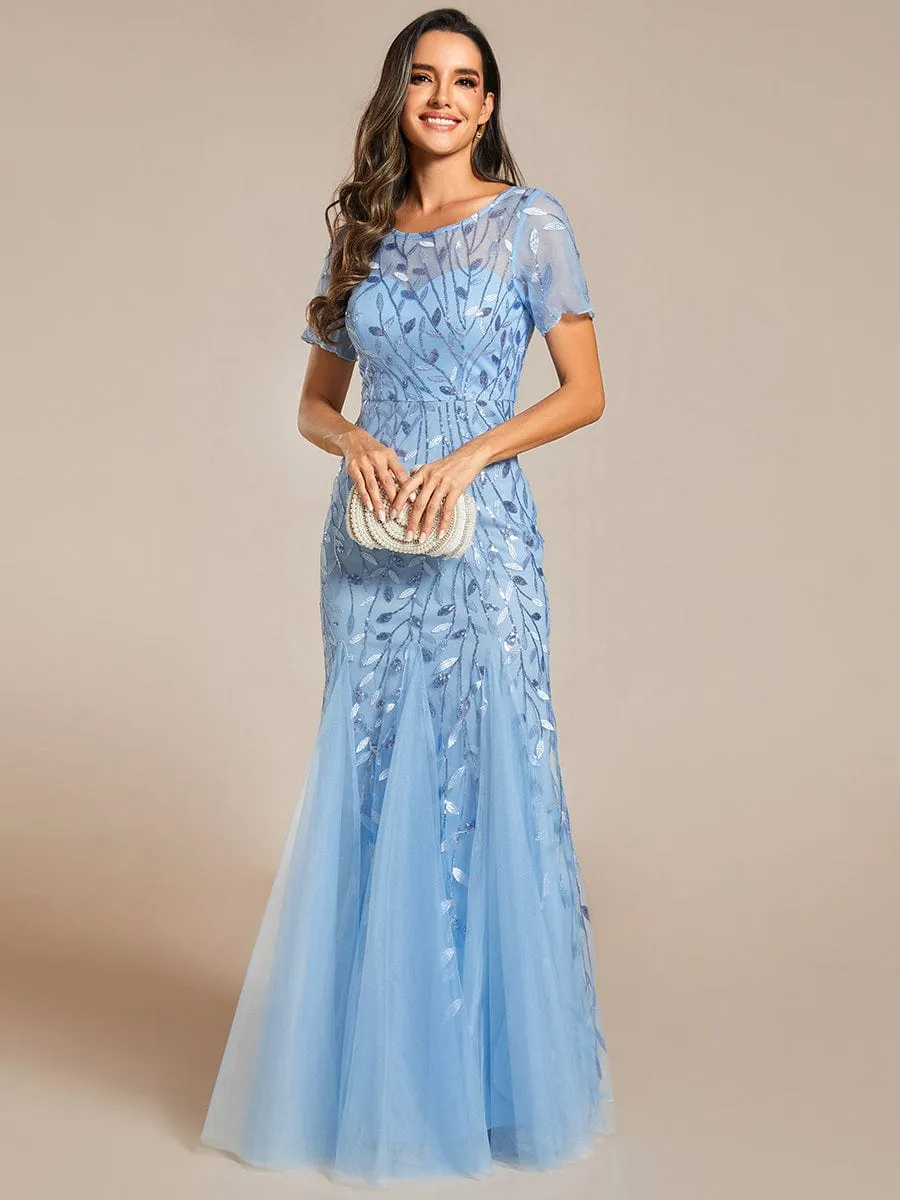 Sequin Leaf Maxi Long Fishtail Tulle Prom Dress With Half Sleeve