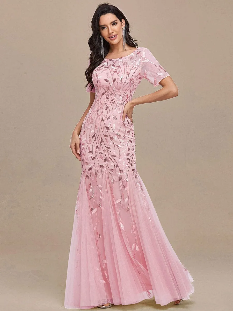 Sequin Leaf Maxi Long Fishtail Tulle Prom Dress With Half Sleeve