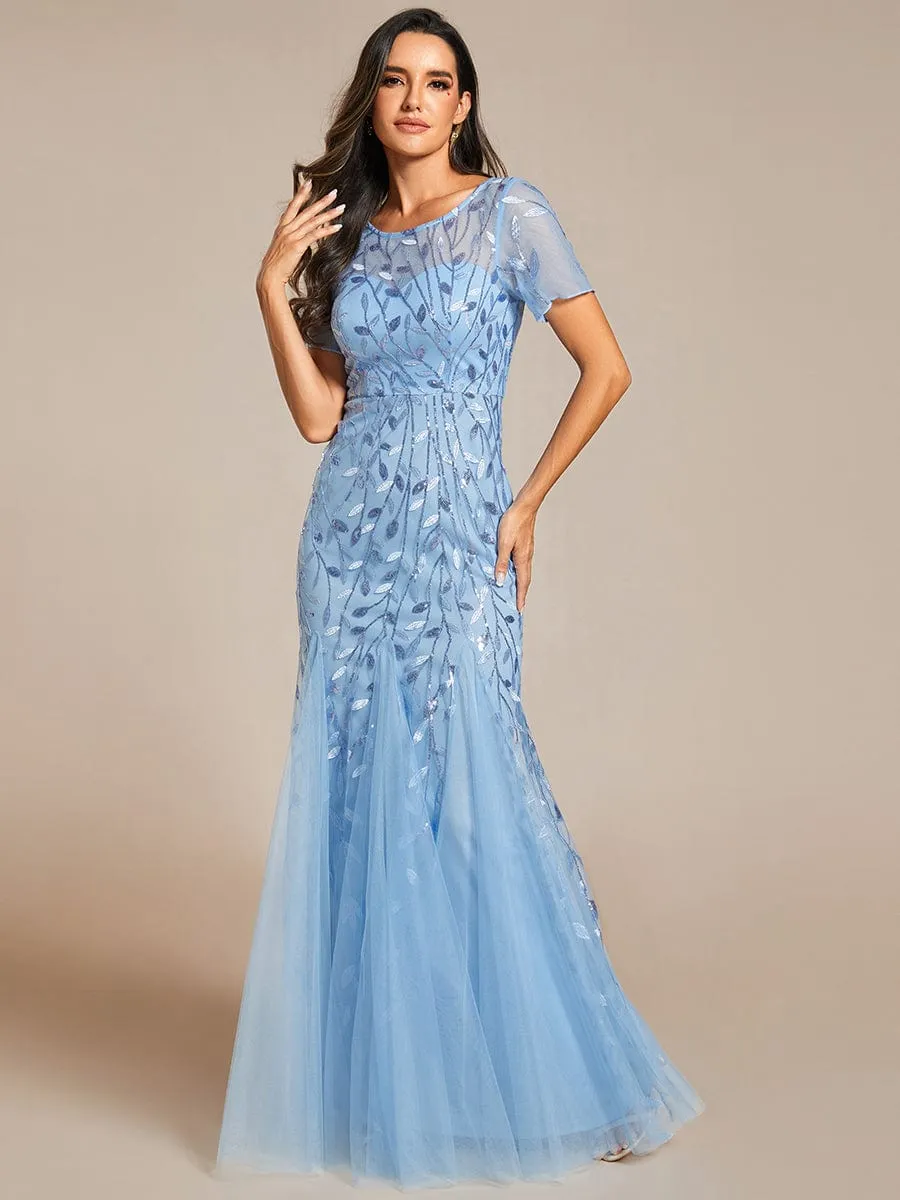 Sequin Leaf Maxi Long Fishtail Tulle Prom Dress With Half Sleeve