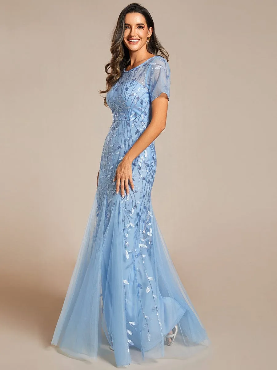 Sequin Leaf Maxi Long Fishtail Tulle Prom Dress With Half Sleeve