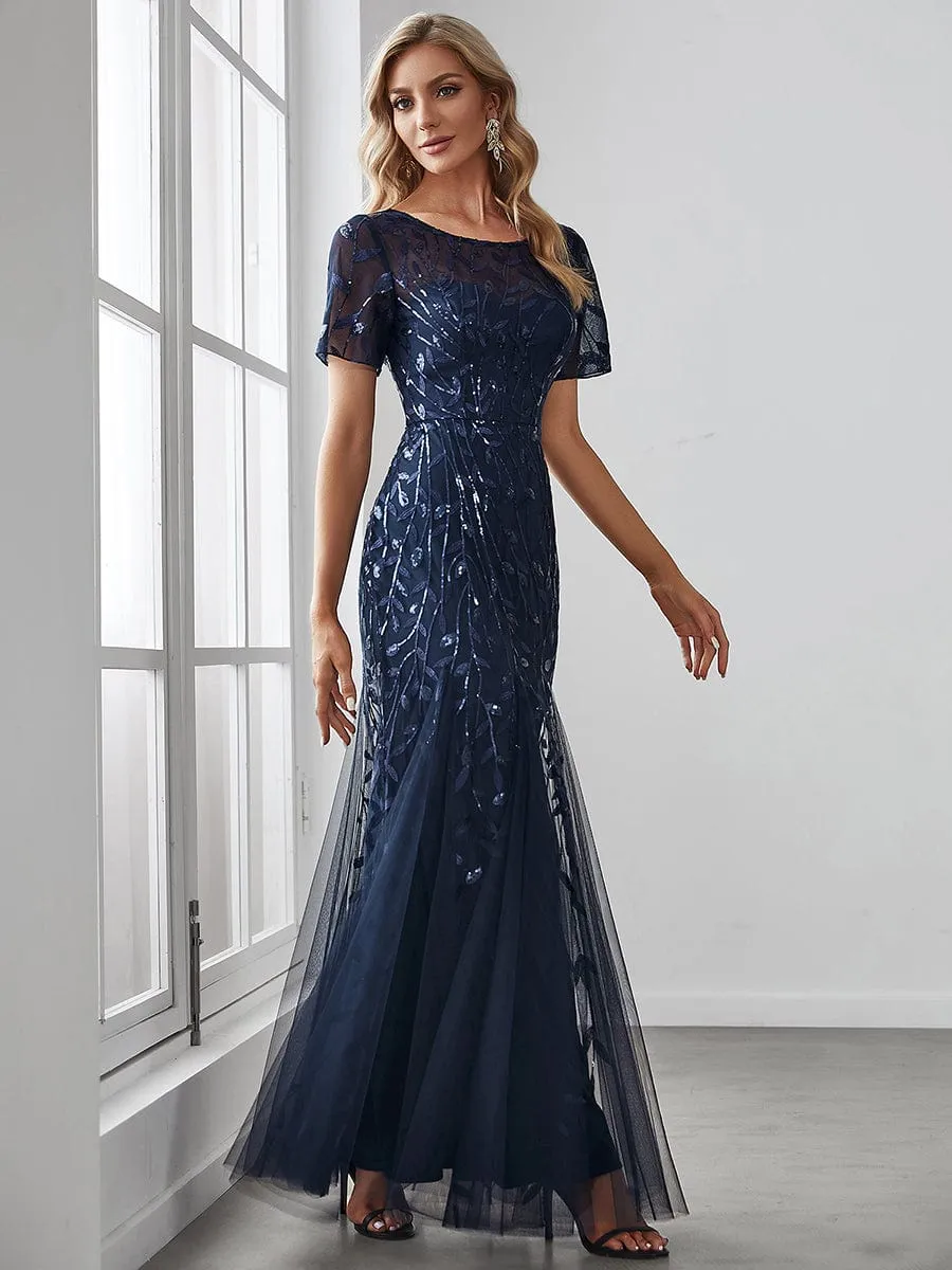 Sequin Leaf Maxi Long Fishtail Tulle Prom Dresses With Half Sleeves