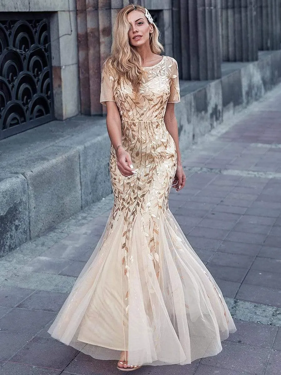 Sequin Leaf Maxi Long Fishtail Tulle Prom Dresses With Half Sleeves