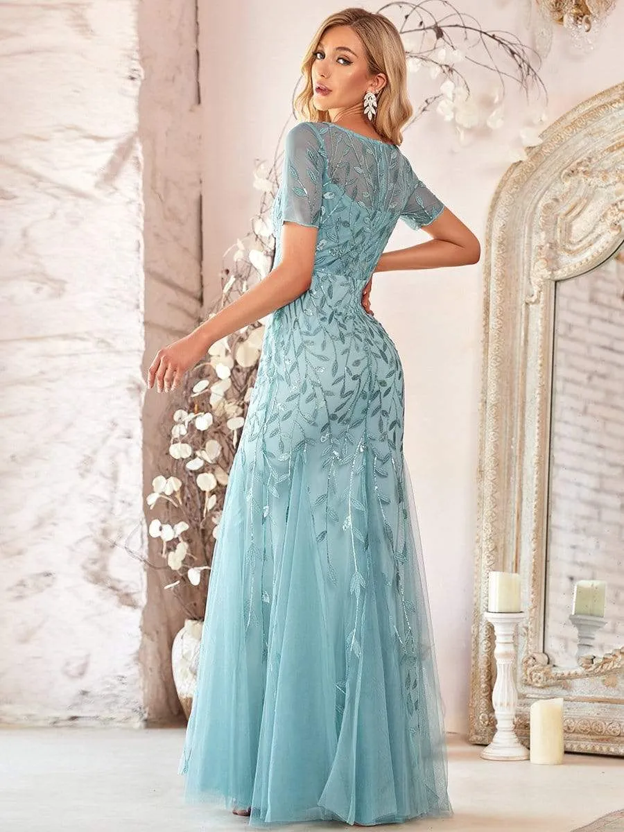 Sequin Leaf Maxi Long Fishtail Tulle Prom Dresses With Half Sleeves