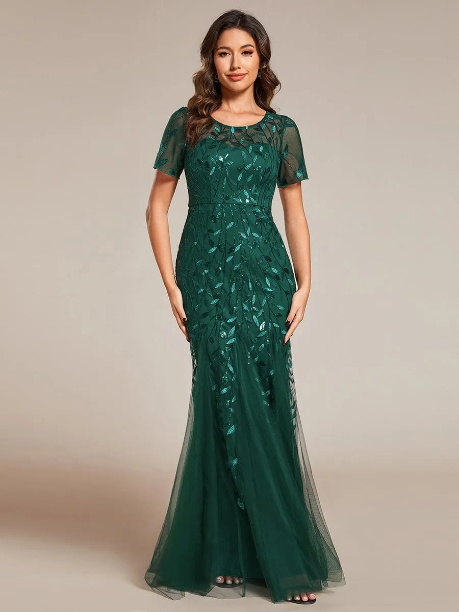 Sequin Leaf Maxi Long Fishtail Tulle Prom Dresses With Half Sleeves