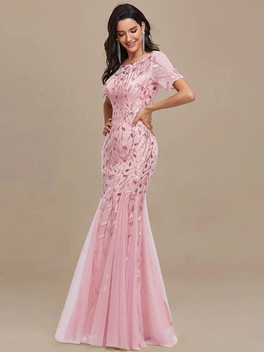 Sequin Leaf Maxi Long Fishtail Tulle Prom Dresses With Half Sleeves