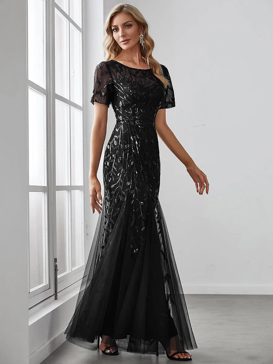 Sequin Leaf Maxi Long Fishtail Tulle Prom Dresses With Half Sleeves