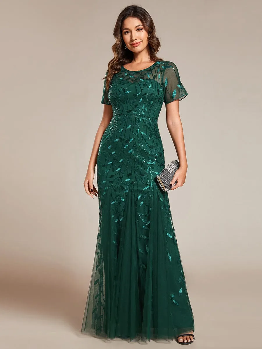 Sequin Leaf Maxi Long Fishtail Tulle Prom Dresses With Half Sleeves