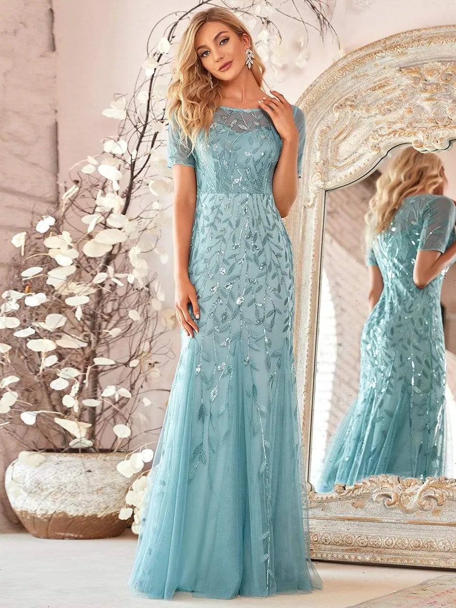 Sequin Leaf Maxi Long Fishtail Tulle Prom Dresses With Half Sleeves