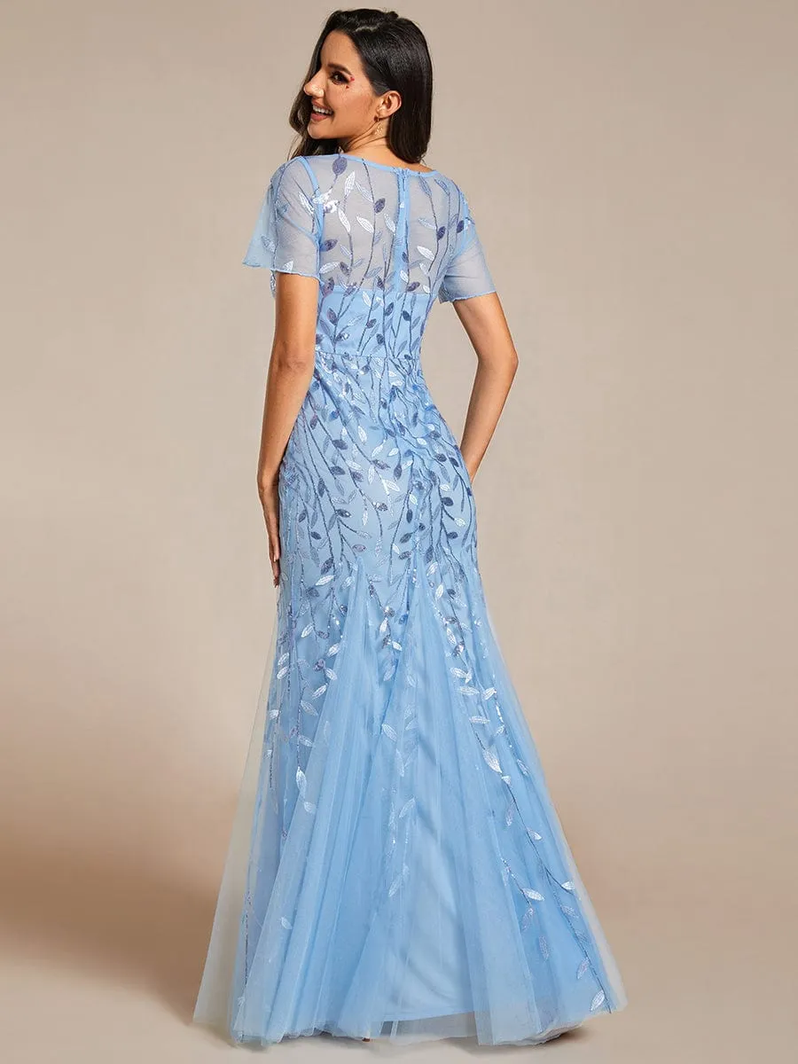 Sequin Leaf Maxi Long Fishtail Tulle Prom Dresses With Half Sleeves