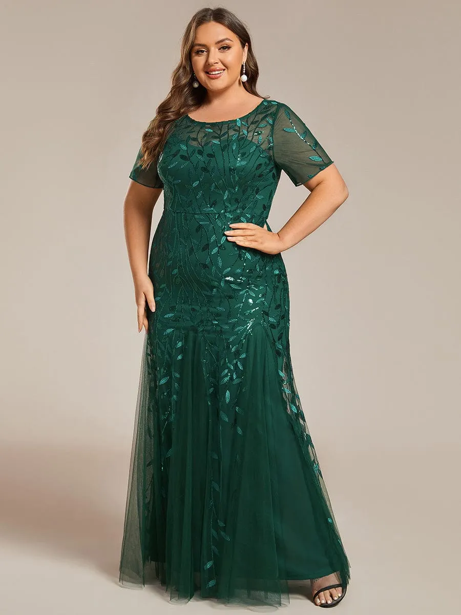 Sequin Leaf Maxi Long Fishtail Tulle Prom Dresses With Half Sleeves