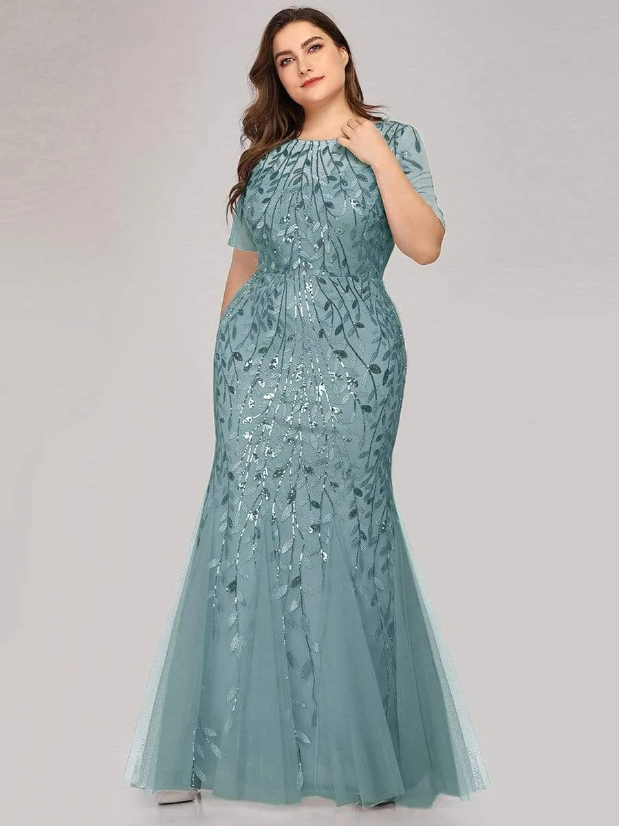 Sequin Leaf Maxi Long Fishtail Tulle Prom Dresses With Half Sleeves