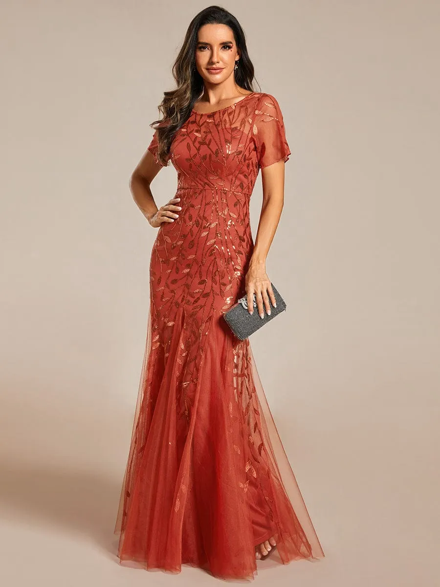 Sequin Leaf Maxi Long Fishtail Tulle Prom Dresses With Half Sleeves