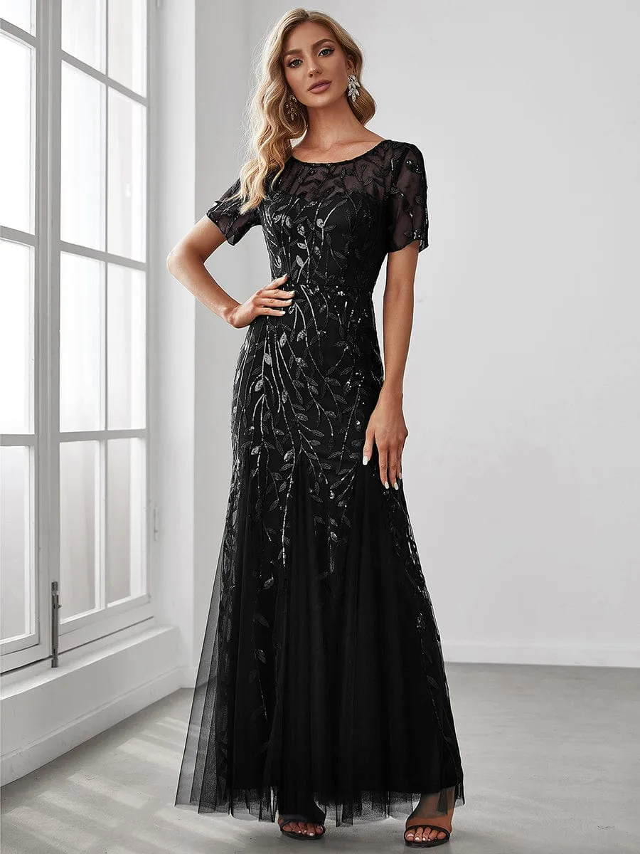 Sequin Leaf Maxi Long Fishtail Tulle Prom Dresses With Half Sleeves