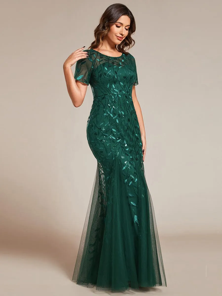 Sequin Leaf Maxi Long Fishtail Tulle Prom Dresses With Half Sleeves