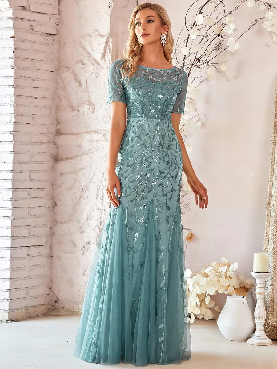 Sequin Leaf Maxi Long Fishtail Tulle Prom Dresses With Half Sleeves