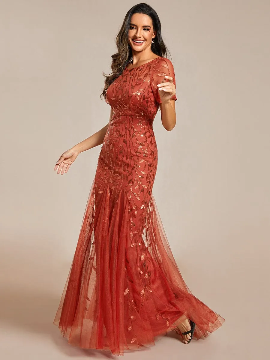 Sequin Leaf Maxi Long Fishtail Tulle Prom Dresses With Half Sleeves