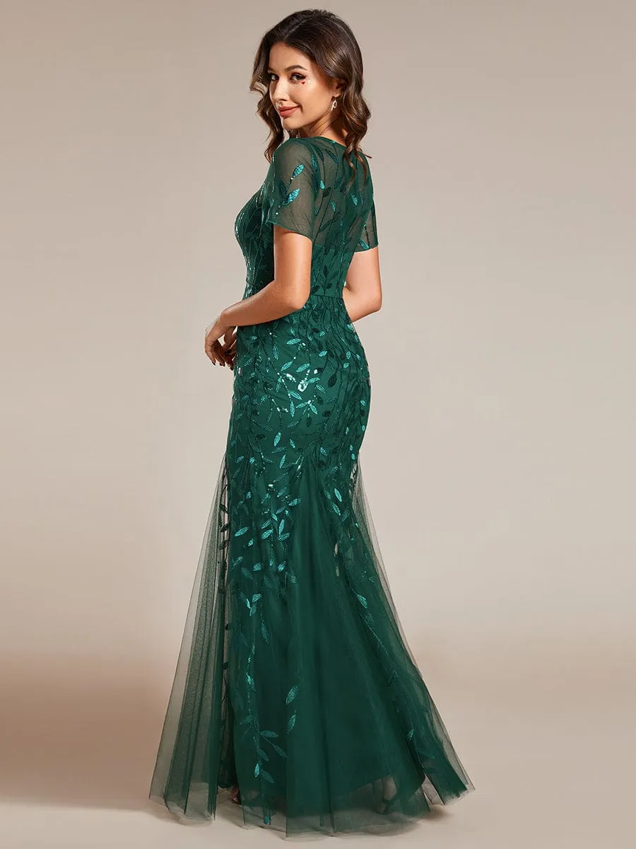 Sequin Leaf Maxi Long Fishtail Tulle Prom Dresses With Half Sleeves