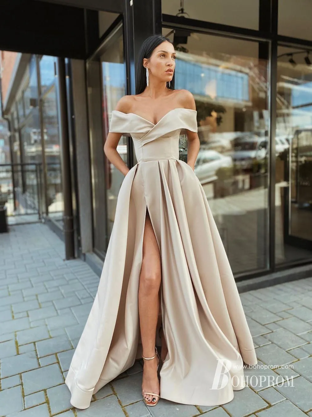 Sexy Satin Off-the-shoulder Sweep Train A-line Evening Dresses With Slit PD304