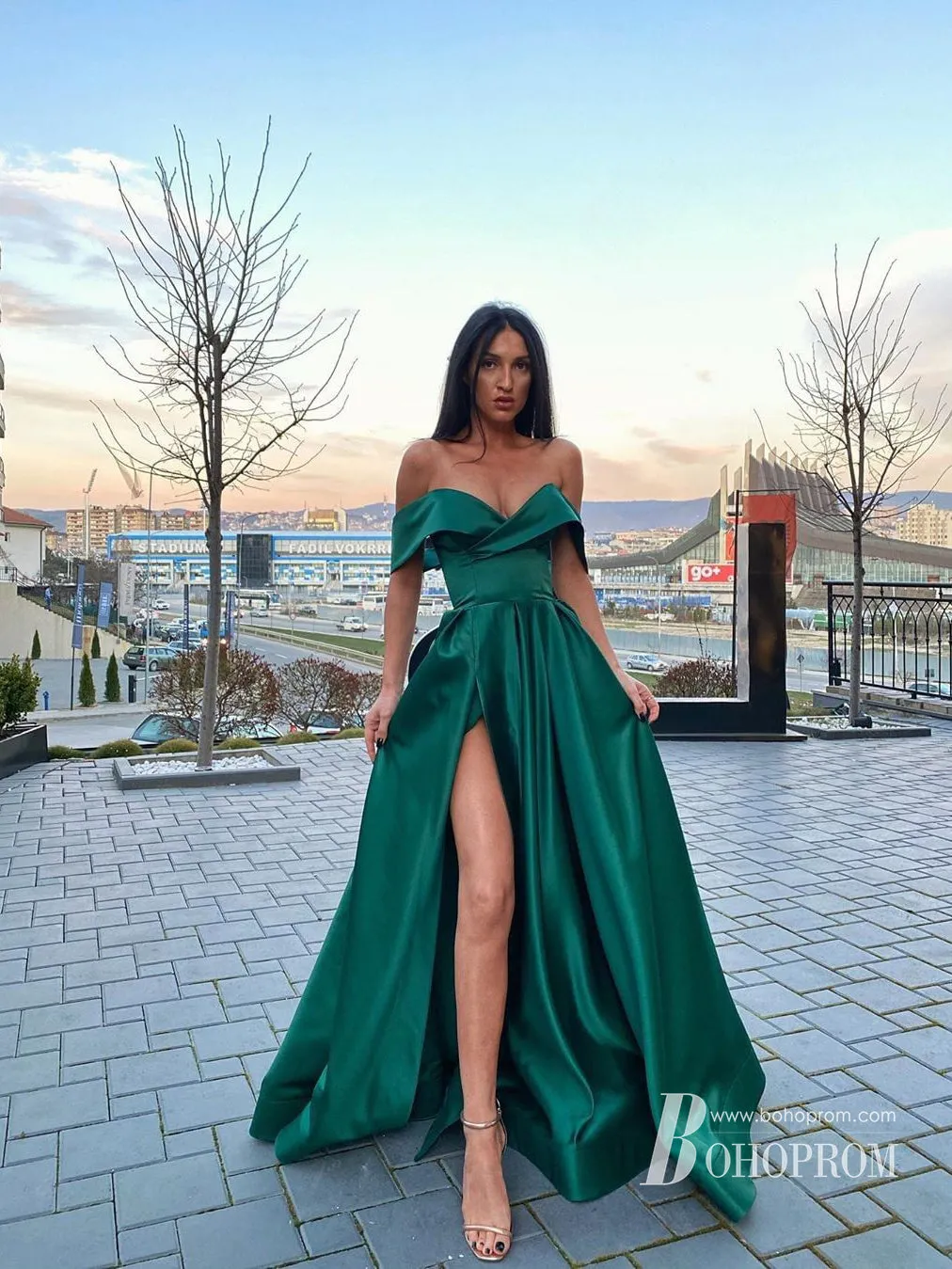 Sexy Satin Off-the-shoulder Sweep Train A-line Evening Dresses With Slit PD304