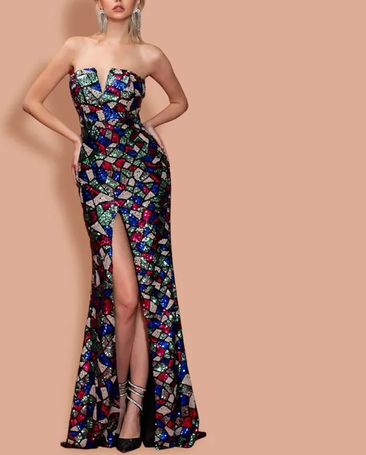 Sexy V-cut Strapless Sequin Multi color Dress with High Split