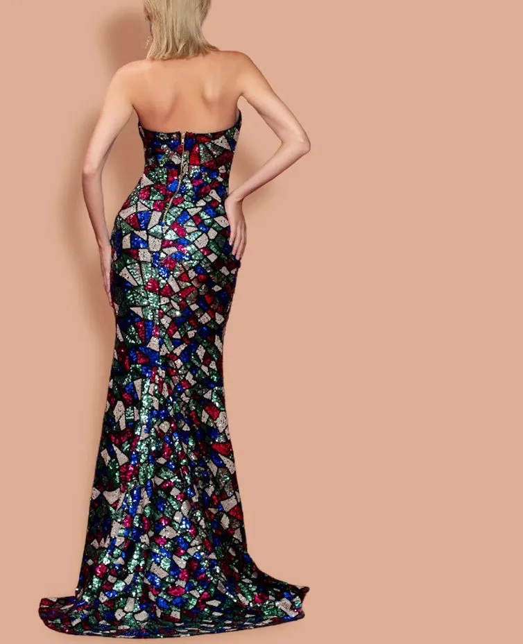 Sexy V-cut Strapless Sequin Multi color Dress with High Split