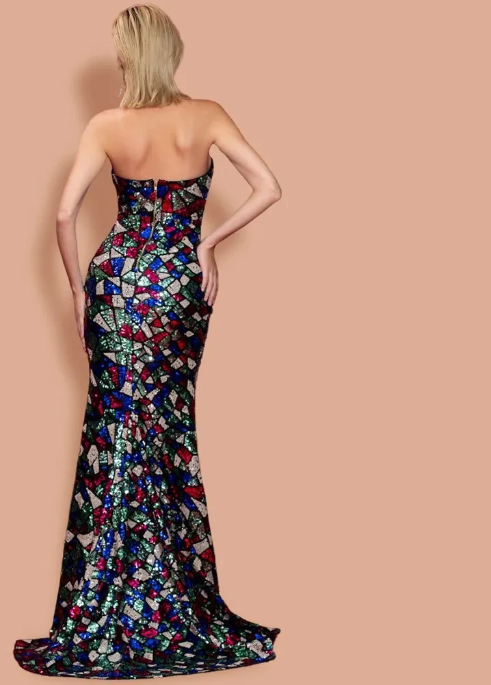 Sexy V-cut Strapless Sequin Multi color Dress with High Split