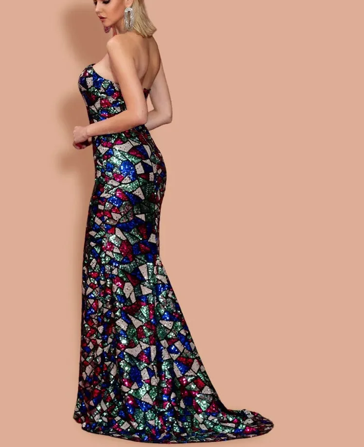 Sexy V-cut Strapless Sequin Multi color Dress with High Split