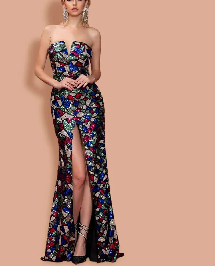 Sexy V-cut Strapless Sequin Multi color Dress with High Split