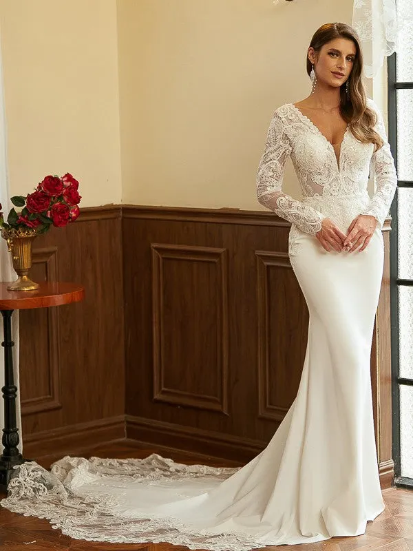 Sheath/Column Stretch Crepe Lace V-neck Long Sleeves Cathedral Train Wedding Dresses