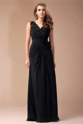 Sheath/Column V-neck Sleeveless Long Beading Lace Chiffon Dresses