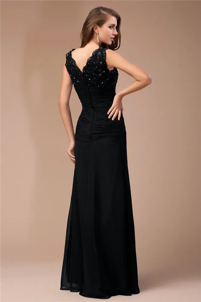 Sheath/Column V-neck Sleeveless Long Beading Lace Chiffon Dresses