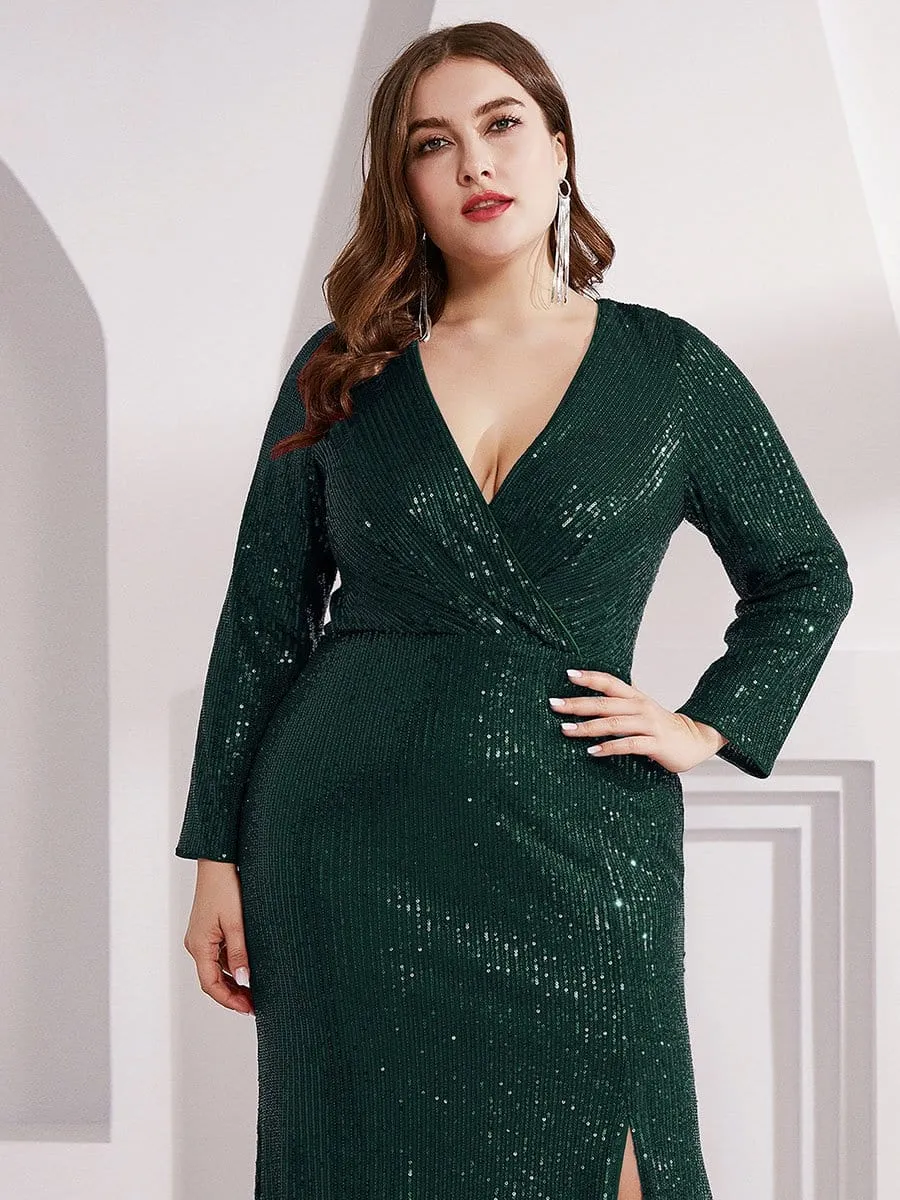 Shiny V Neck Plus Size Sequin Evening Party Dress with Long Sleeve